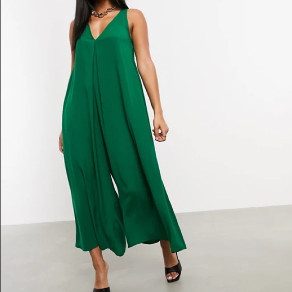 ASOS DESIGN v neck minimal smock jumpsuit emerald